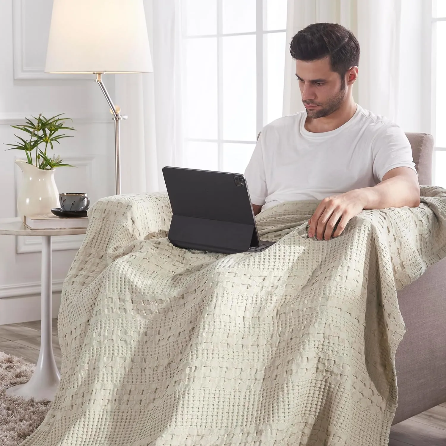 VHC Brands 100% Cotton Waffle Weave Natural Throw 50x60, Decorative Cotton Throw Blanket, Boho Farmhouse Bedroom, Living Room Decor for Bed, Couch, or Sofa