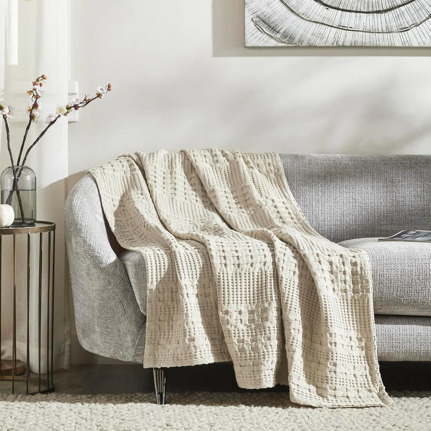 VHC Brands 100% Cotton Waffle Weave Natural Throw 50x60, Decorative Cotton Throw Blanket, Boho Farmhouse Bedroom, Living Room Decor for Bed, Couch, or Sofa