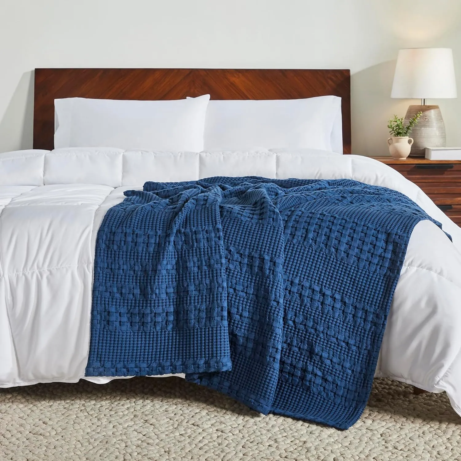 VHC Brands 100% Cotton Waffle Weave Navy Blue Throw 50x60, Decorative Cotton Throw Blanket, Boho Farmhouse Bedroom, Living Room Decor for Bed, Couch, or Sofa