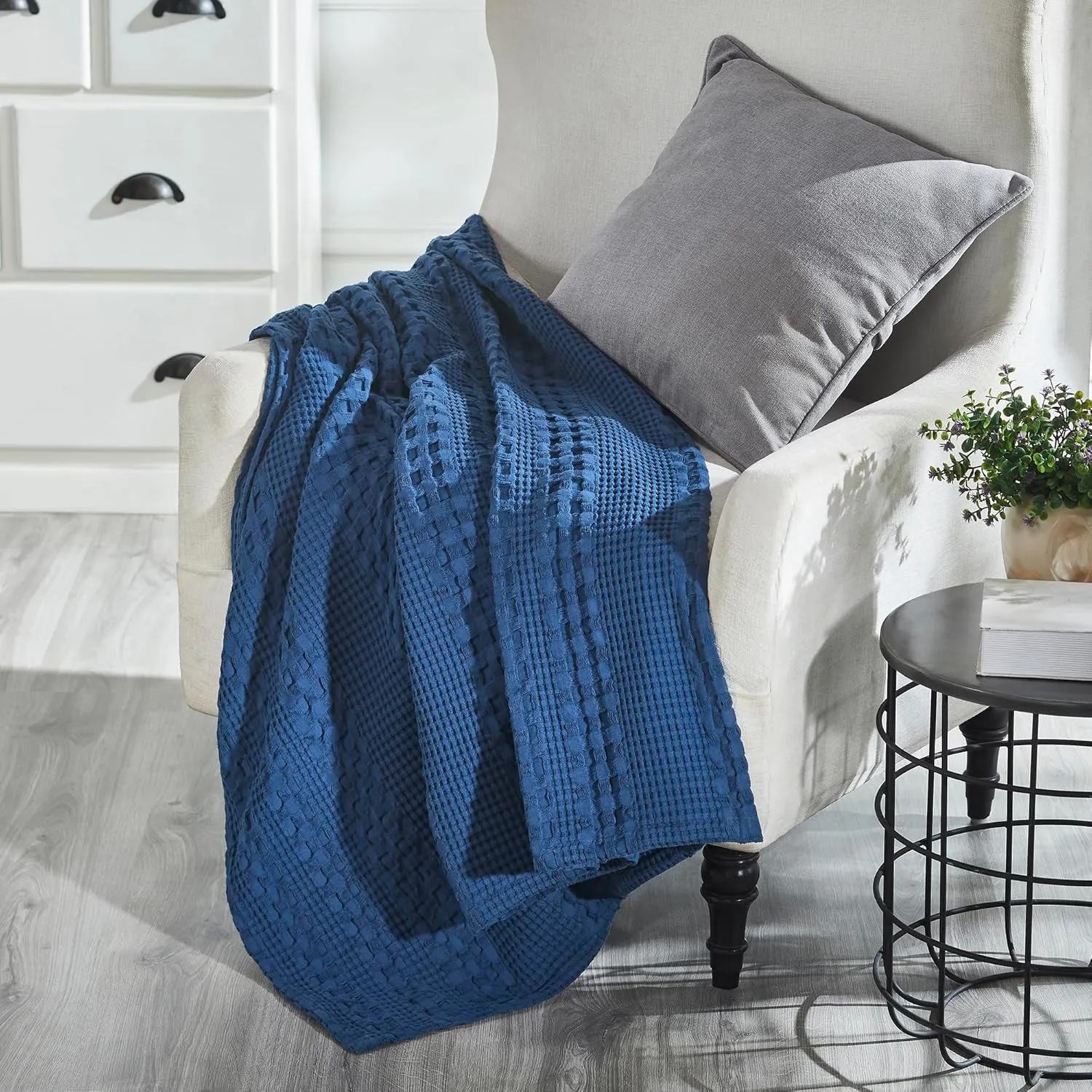 VHC Brands 100% Cotton Waffle Weave Navy Blue Throw 50x60, Decorative Cotton Throw Blanket, Boho Farmhouse Bedroom, Living Room Decor for Bed, Couch, or Sofa