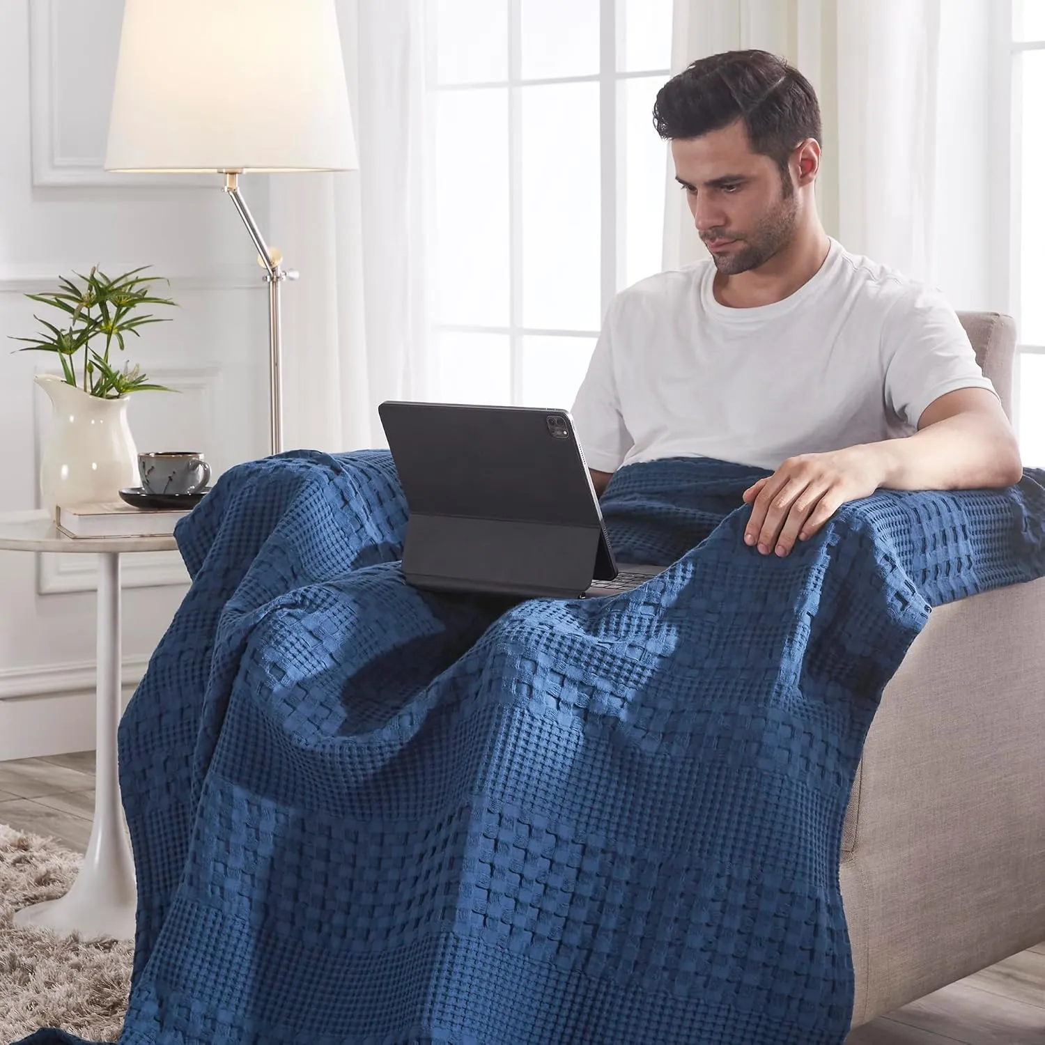 VHC Brands 100% Cotton Waffle Weave Navy Blue Throw 50x60, Decorative Cotton Throw Blanket, Boho Farmhouse Bedroom, Living Room Decor for Bed, Couch, or Sofa