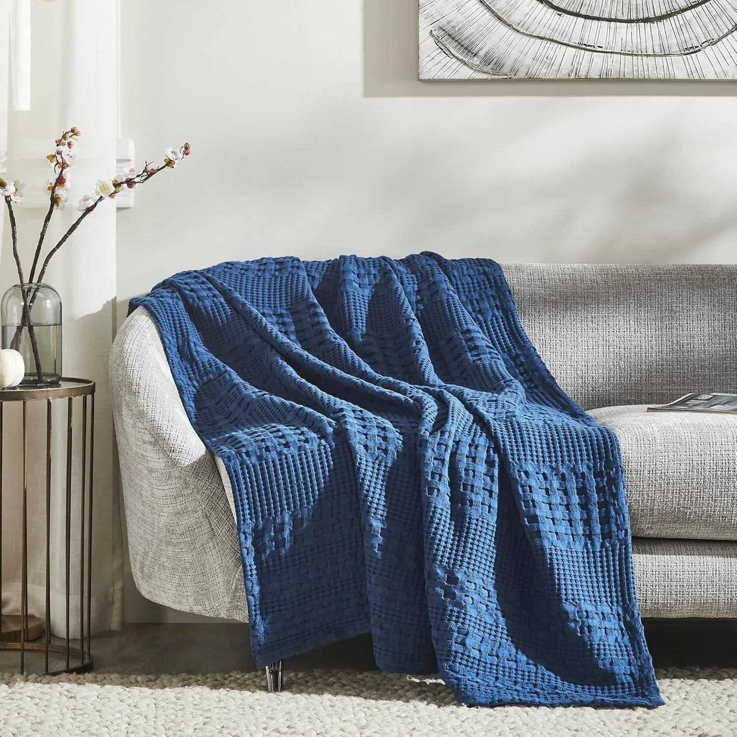 VHC Brands 100% Cotton Waffle Weave Navy Blue Throw 50x60, Decorative Cotton Throw Blanket, Boho Farmhouse Bedroom, Living Room Decor for Bed, Couch, or Sofa
