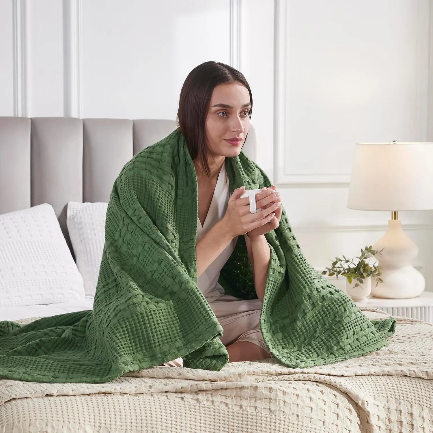 VHC Brands 100% Cotton Waffle Weave Olive Green Throw 50x60, Decorative Cotton Throw Blanket, Boho Farmhouse Bedroom, Living Room Decor for Bed, Couch, or Sofa