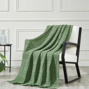 VHC Brands 100% Cotton Waffle Weave Olive Green Throw 50x60, Decorative Cotton Throw Blanket, Boho Farmhouse Bedroom, Living Room Decor for Bed, Couch, or Sofa