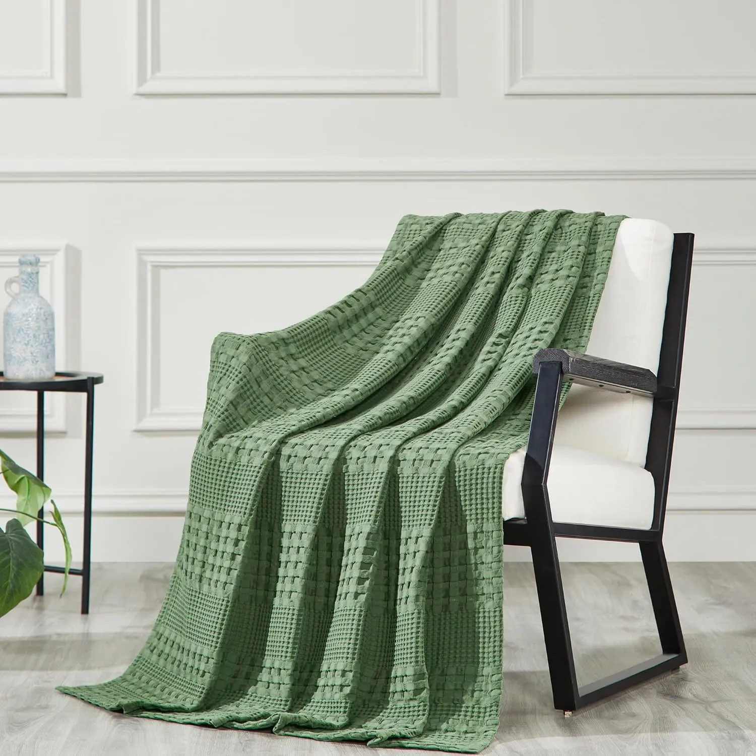 VHC Brands 100% Cotton Waffle Weave Olive Green Throw 50x60, Decorative Cotton Throw Blanket, Boho Farmhouse Bedroom, Living Room Decor for Bed, Couch, or Sofa