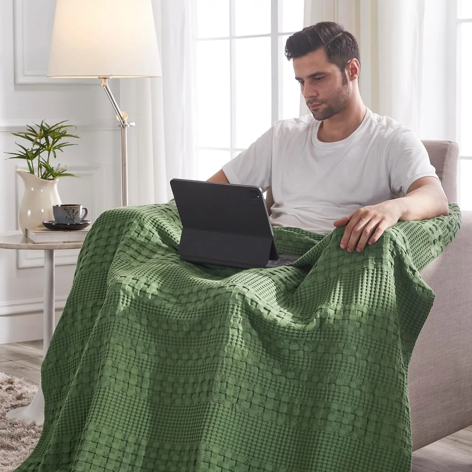 VHC Brands 100% Cotton Waffle Weave Olive Green Throw 50x60, Decorative Cotton Throw Blanket, Boho Farmhouse Bedroom, Living Room Decor for Bed, Couch, or Sofa