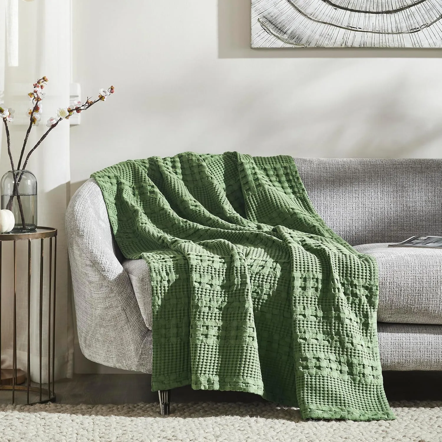 VHC Brands 100% Cotton Waffle Weave Olive Green Throw 50x60, Decorative Cotton Throw Blanket, Boho Farmhouse Bedroom, Living Room Decor for Bed, Couch, or Sofa