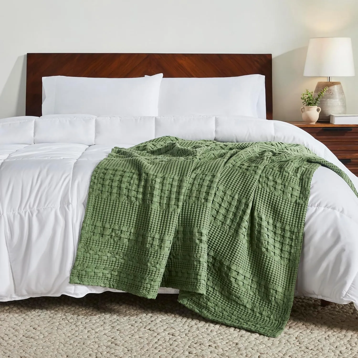 VHC Brands 100% Cotton Waffle Weave Olive Green Throw 50x60, Decorative Cotton Throw Blanket, Boho Farmhouse Bedroom, Living Room Decor for Bed, Couch, or Sofa