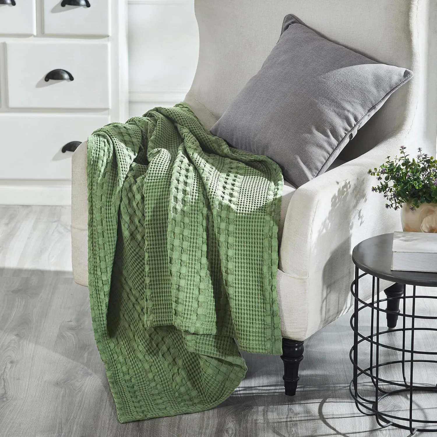 VHC Brands 100% Cotton Waffle Weave Olive Green Throw 50x60, Decorative Cotton Throw Blanket, Boho Farmhouse Bedroom, Living Room Decor for Bed, Couch, or Sofa