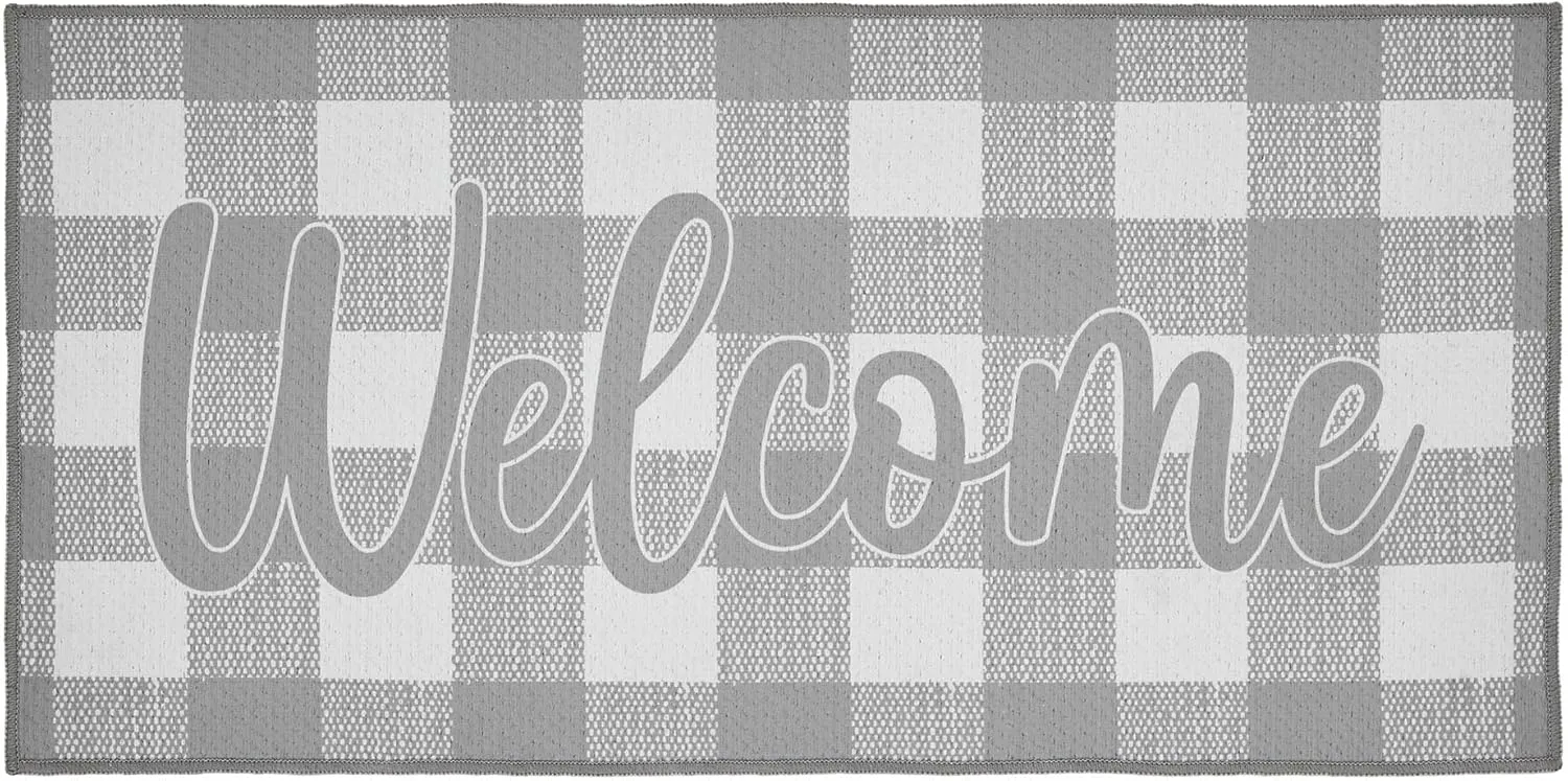 VHC Brands Annie Buffalo Check Grey Welcome Indoor Rug Rect 17x36, Polyester Area Rug, Accent Rug, Floor Decor, Annie Buffalo Check Collection, Rectangle 17x36, Ash Grey