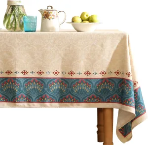 Vintage Beige Linen Square Tablecloth,Indian Block Print Table Cloth with Peacock Feather Pattern,Decorative Table Cover for Kitchen,Dining,Tea Party,Home,Christmas,67"*67"