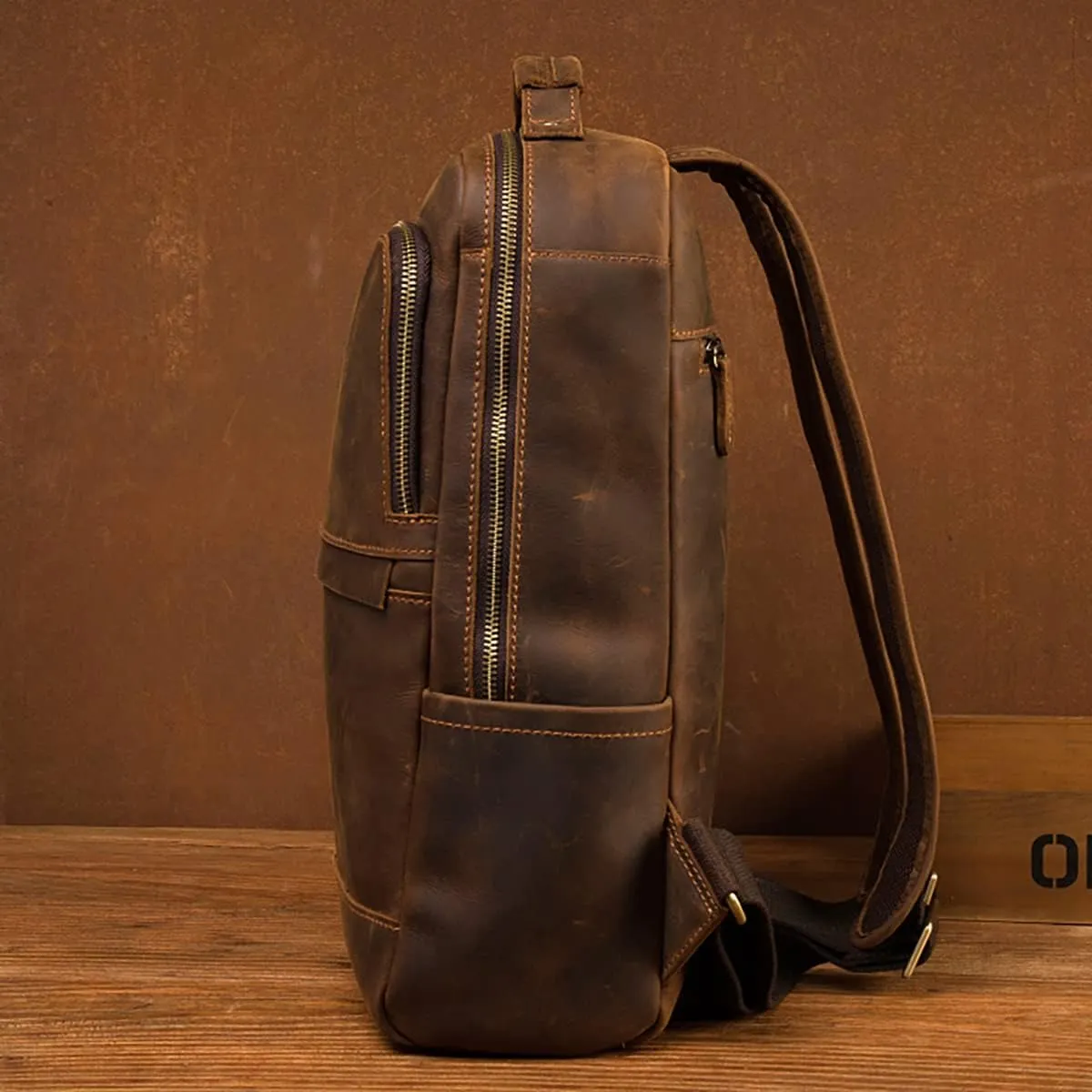 Vintage Genuine Leather 15.6 Inch Laptop Backpack, Hiking Travel Bag Anti Theft Camping Daypack
