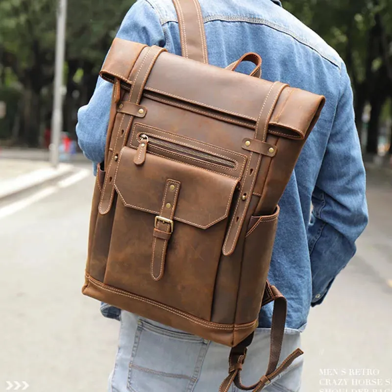 Vintage Leather Backpack for Men 16" Laptop Anti-Theft Design
