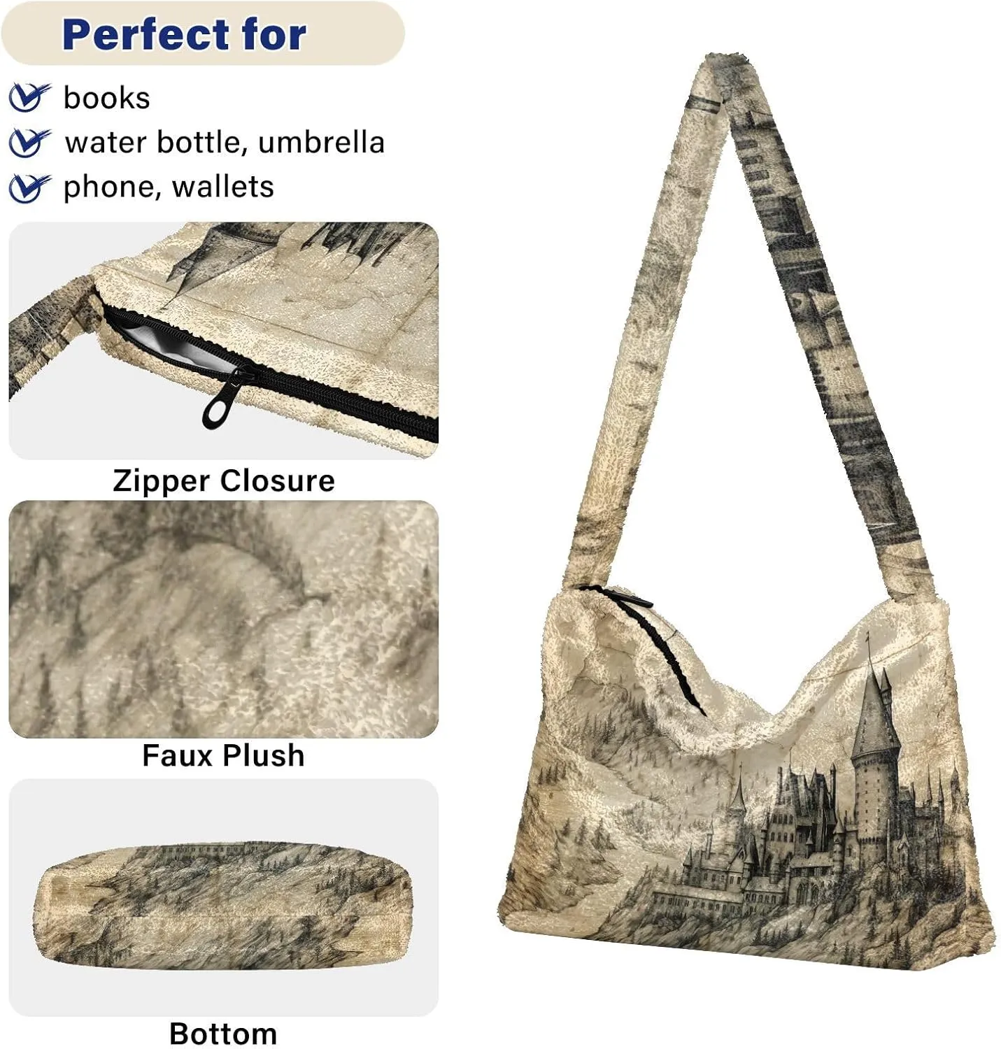 Vintage Mystery Map Beige Shoulder Tote Bag, Shoulder Tote with Zipper, Autumn Handbags
