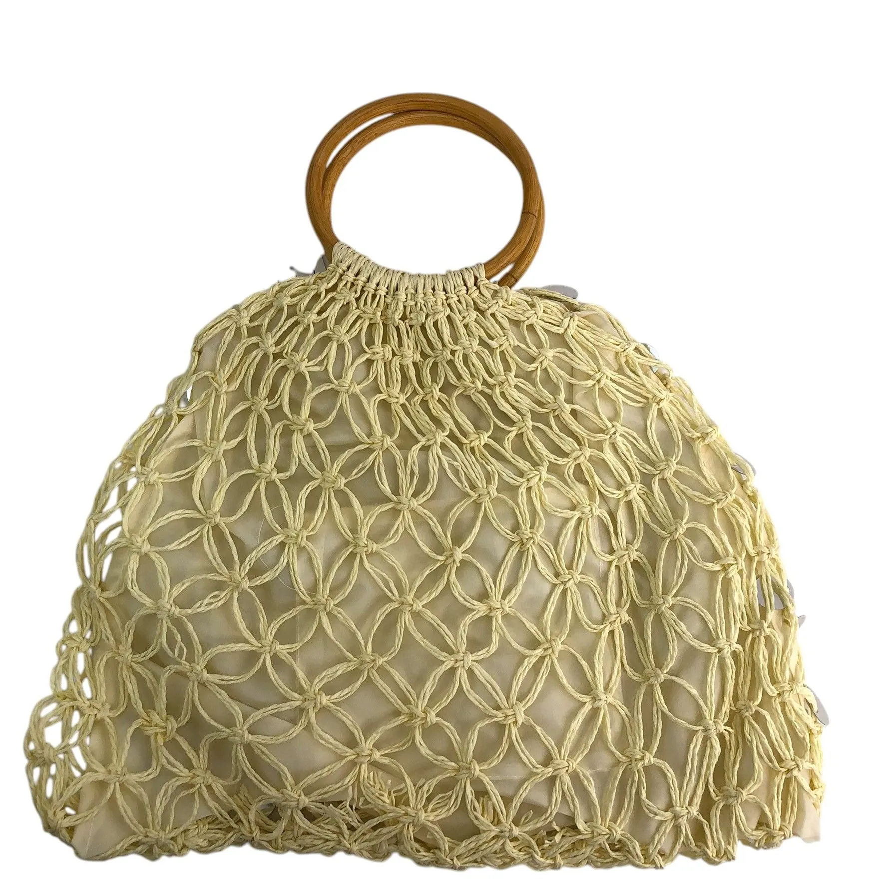 Vintage Style GaBaangs Handbag Beige Woven Macramé Sequin Details Bamboo Handles