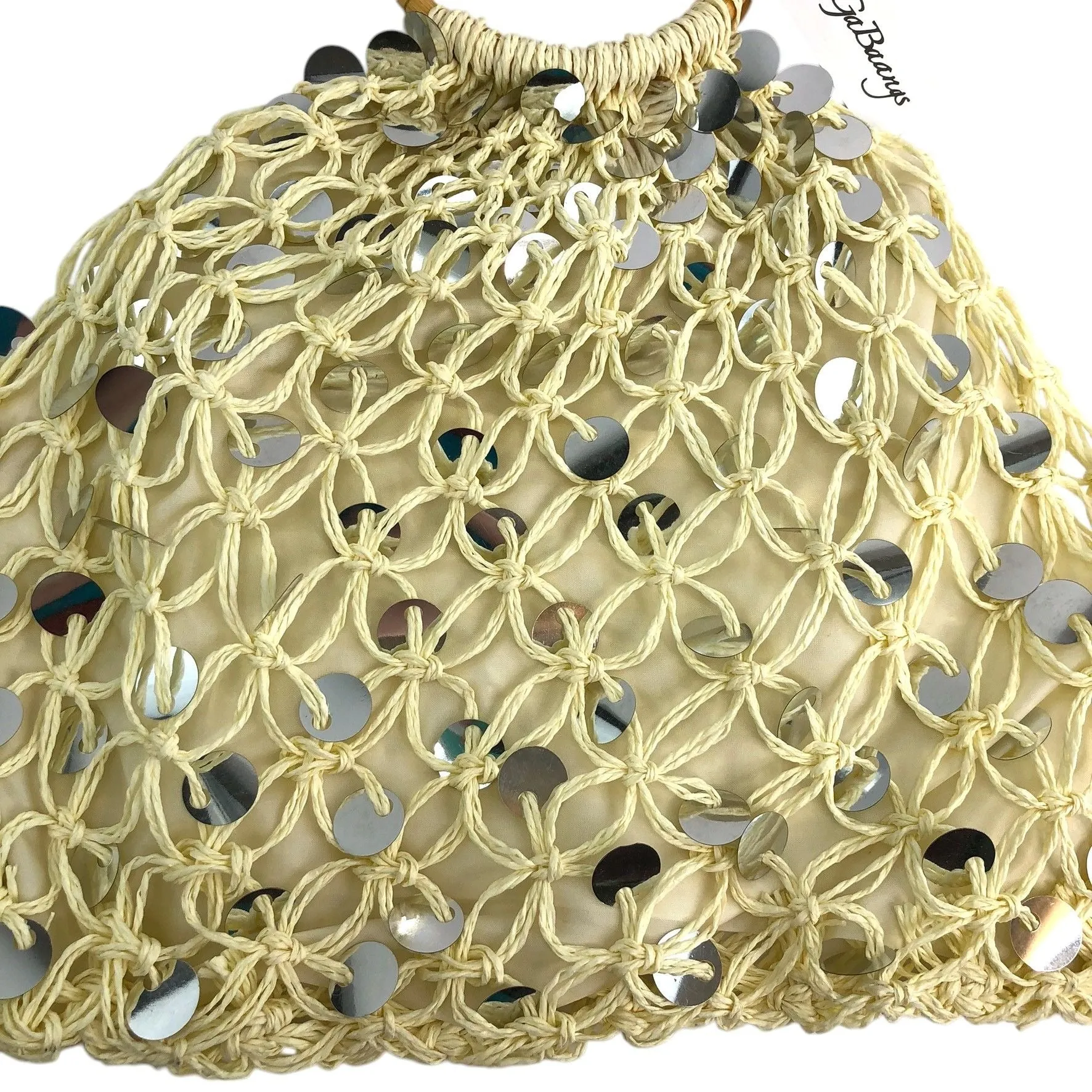 Vintage Style GaBaangs Handbag Beige Woven Macramé Sequin Details Bamboo Handles