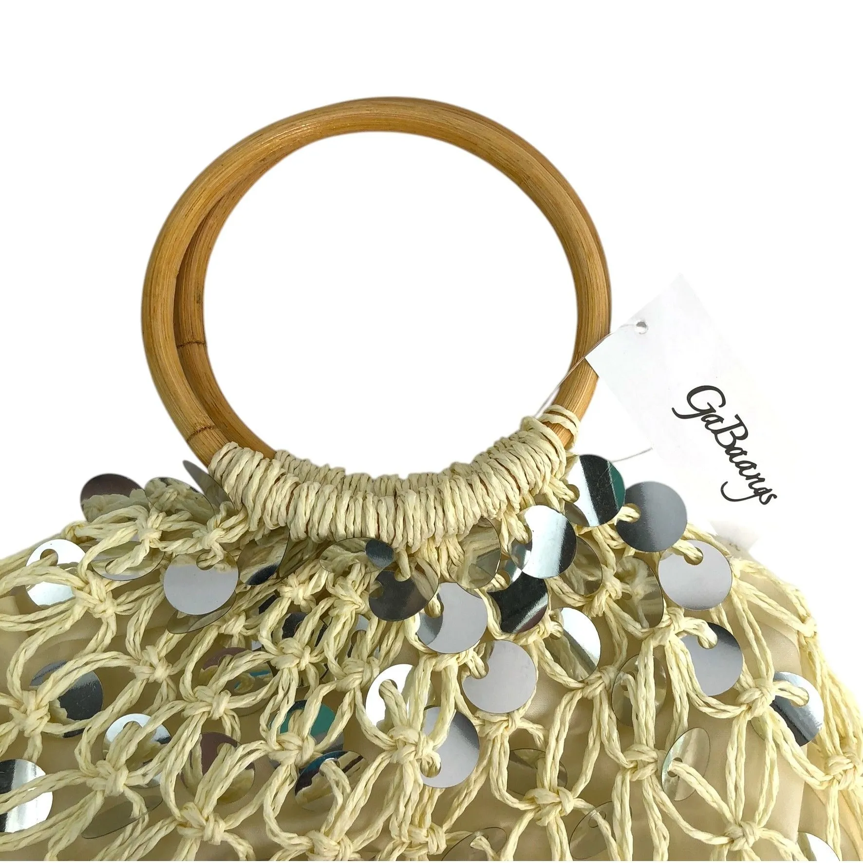 Vintage Style GaBaangs Handbag Beige Woven Macramé Sequin Details Bamboo Handles