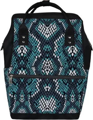 Vintage Trendy Green Black Snakeskin Diaper Bag Backpack, waterproof backpack Baby Nappy Changing Bags Laptop Backpack for Travel, Large Capacity, Durable and Stylish for Woman and Men.