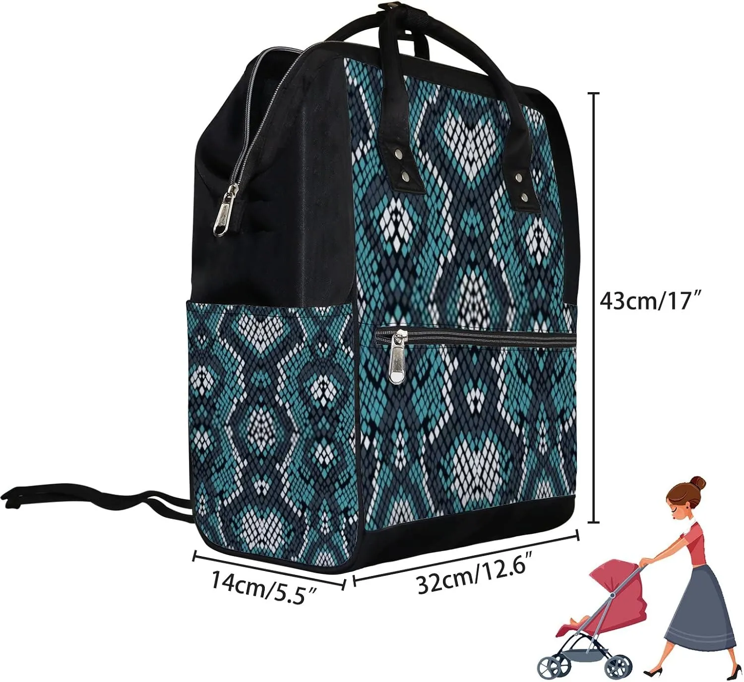 Vintage Trendy Green Black Snakeskin Diaper Bag Backpack, waterproof backpack Baby Nappy Changing Bags Laptop Backpack for Travel, Large Capacity, Durable and Stylish for Woman and Men.
