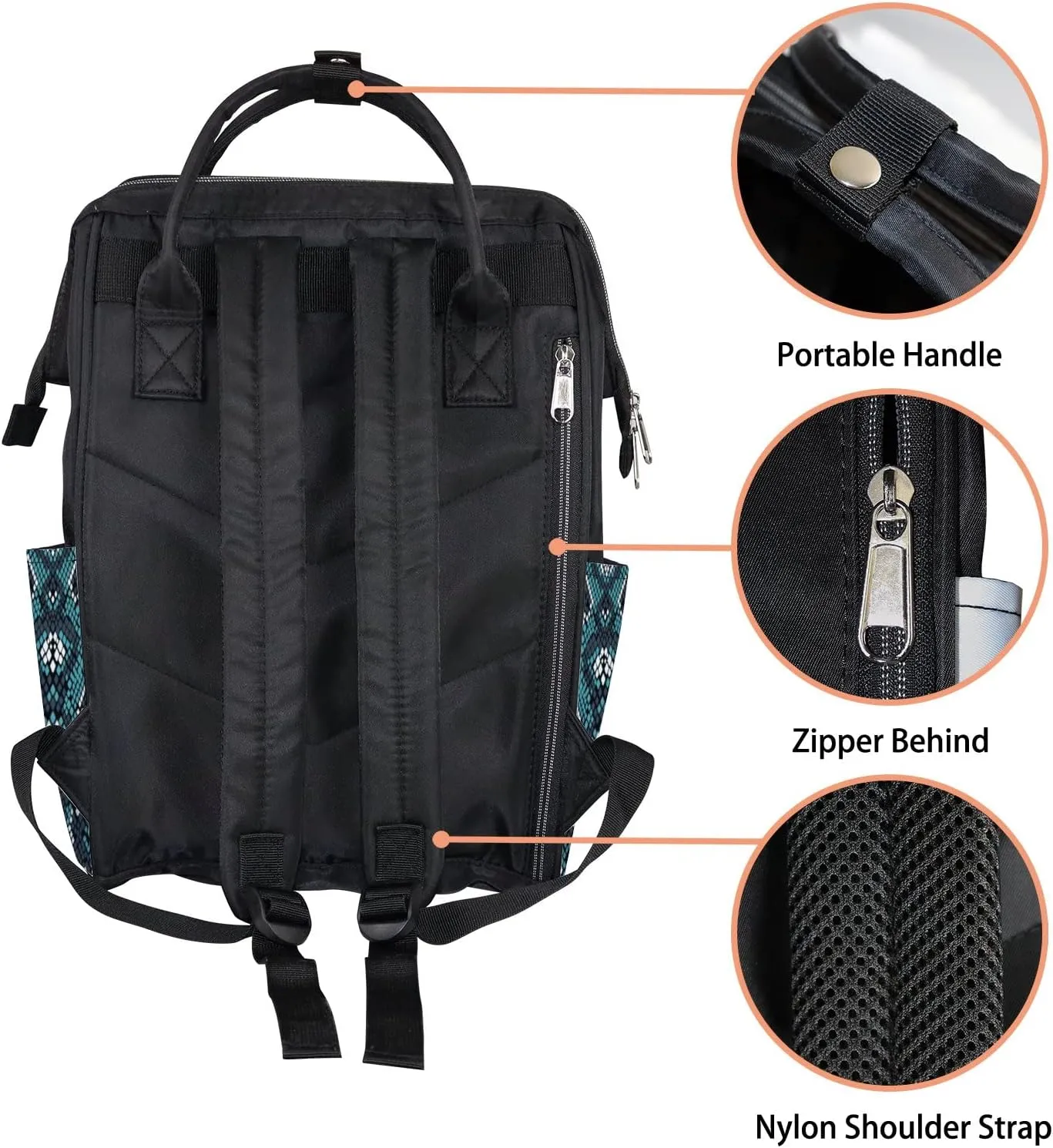 Vintage Trendy Green Black Snakeskin Diaper Bag Backpack, waterproof backpack Baby Nappy Changing Bags Laptop Backpack for Travel, Large Capacity, Durable and Stylish for Woman and Men.