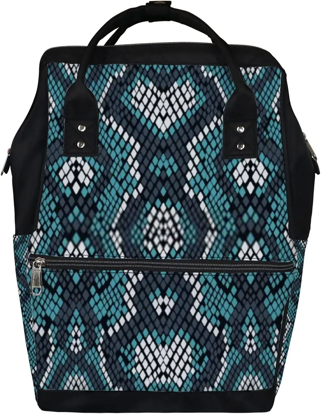 Vintage Trendy Green Black Snakeskin Diaper Bag Backpack, waterproof backpack Baby Nappy Changing Bags Laptop Backpack for Travel, Large Capacity, Durable and Stylish for Woman and Men.