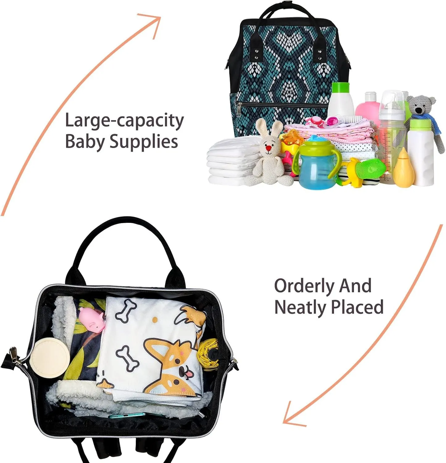 Vintage Trendy Green Black Snakeskin Diaper Bag Backpack, waterproof backpack Baby Nappy Changing Bags Laptop Backpack for Travel, Large Capacity, Durable and Stylish for Woman and Men.