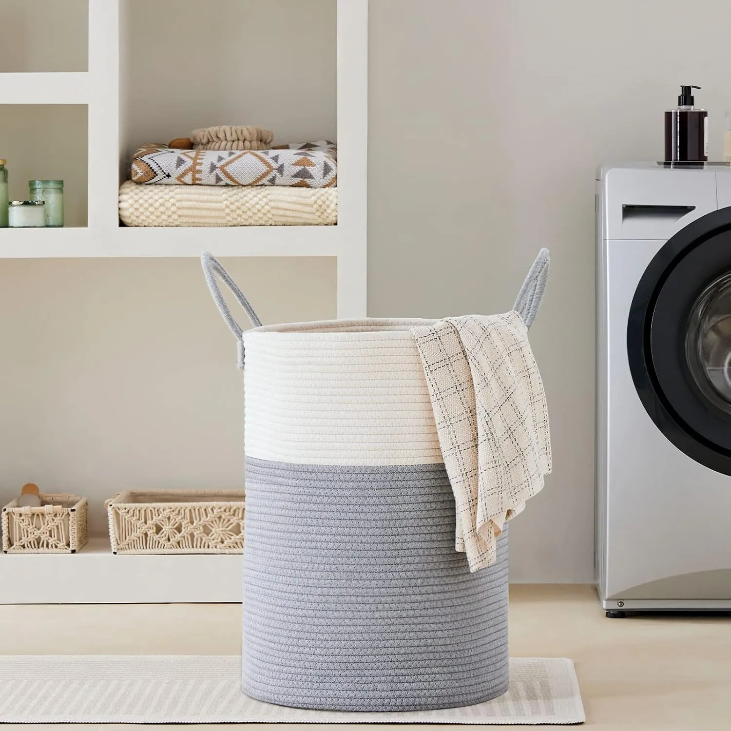 VIPOSCO Large Laundry Hamper, Tall Woven Rope Storage Basket for Blanket, Toys, Dirty Clothes in Living Room, Bathroom, Bedroom - 100L Grey & White