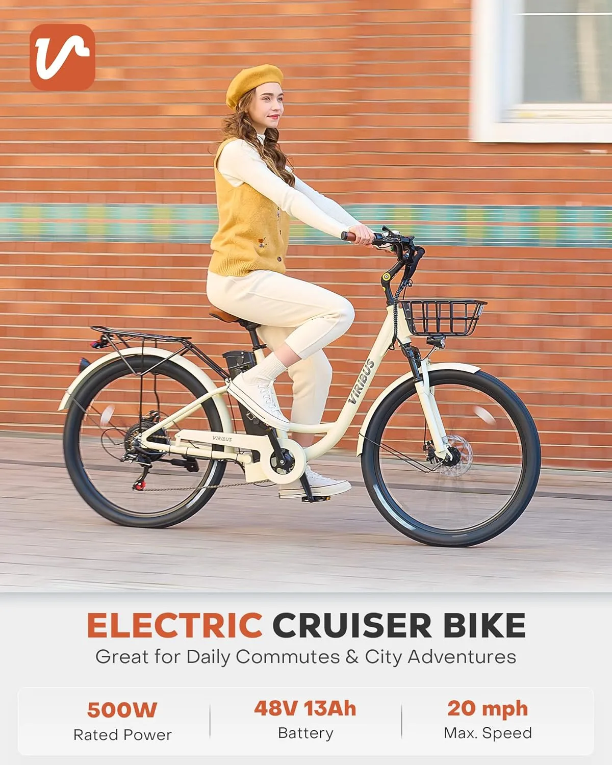 Viribus Electric Bike for Women, 26 inch E Bikes Adults Step Through 1000W Peak 25 mph with Aluminum Frame, Basket, Suspension & 624Wh Battery, Electric Cruiser Bicycle Female Lady Seniors