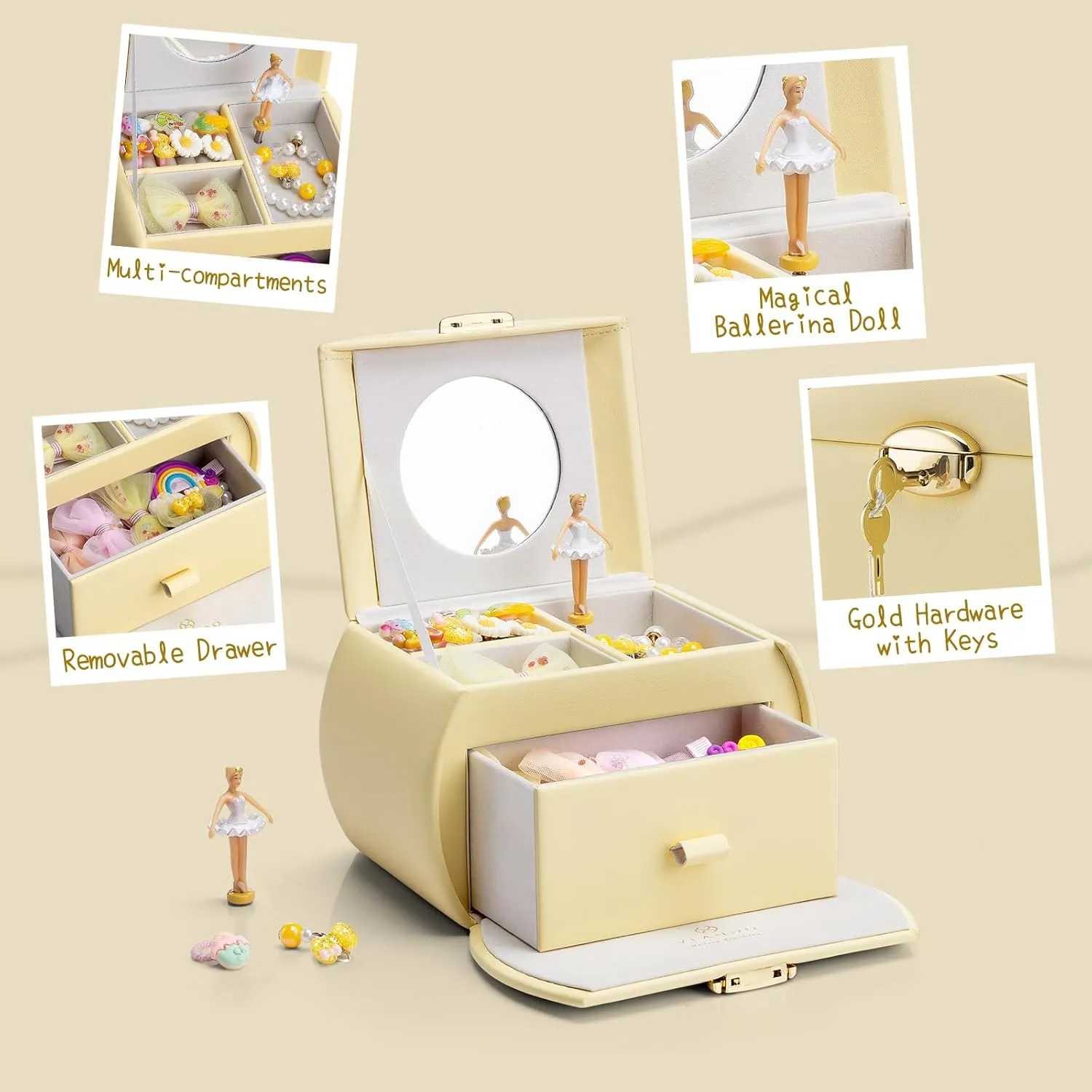 Vlando Kids Musical Jewelry Box for Girls with Drawer, Music Box with Ballerina and Stickers for Birthday Bedroom Decor, Gifts for Girls Kids Christmas Thanksgiving Gifts 2024 - Yellow