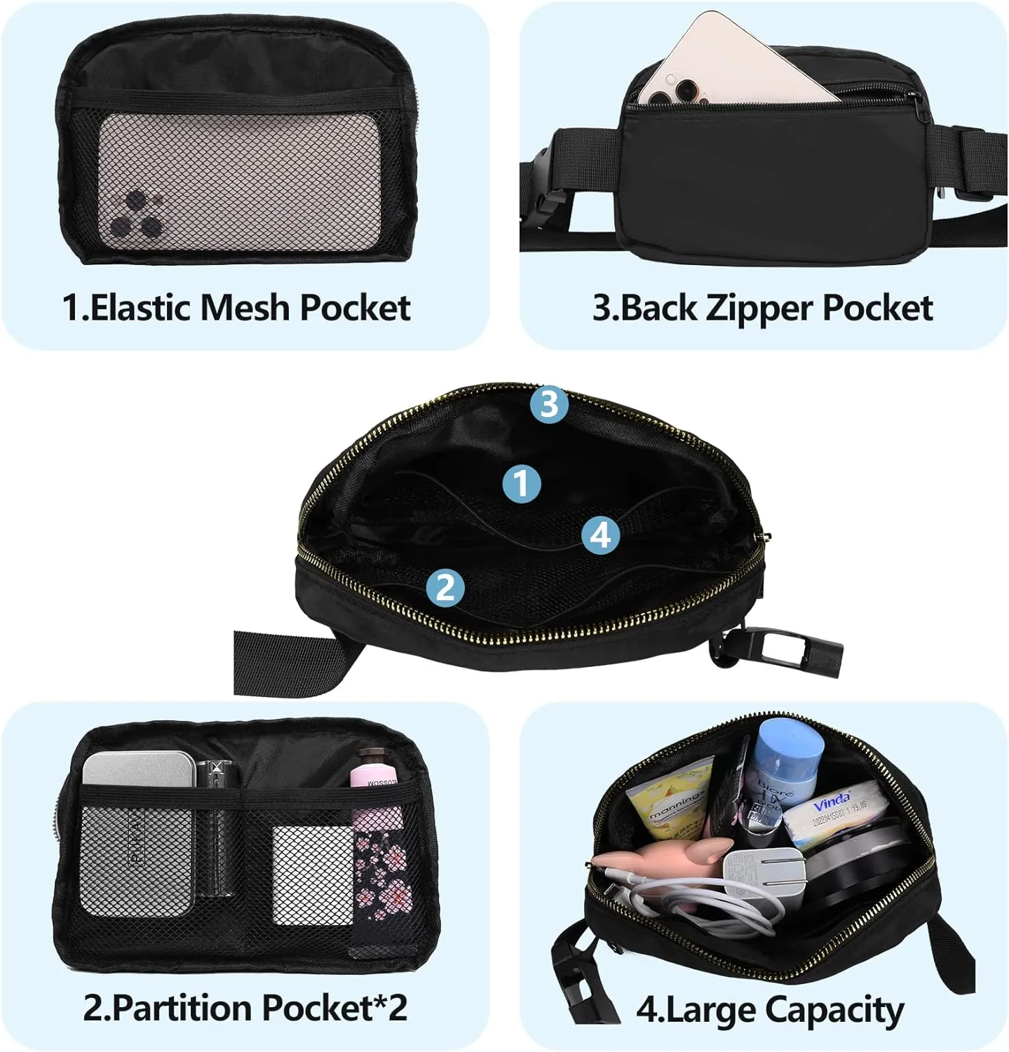VOROLO Fanny Pack For Women And Men Crossbody Bag Belt Bag with Adjustable Strap Easter Gifts Black