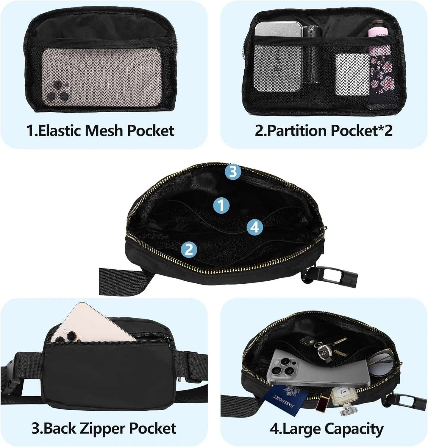 Waist Belt Bag Fashion Fanny Women and Men Gift Waist Pack With Adjustable Strap For Travel Black Khaki
