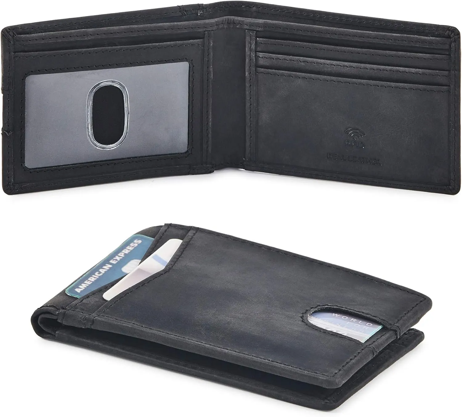 Wallet for Men Bifold Real Leather Slim RFID Blocking Front Pocket Minimalist Stylish Design with ID Window in Gift Box (Crazy Horse, Black)