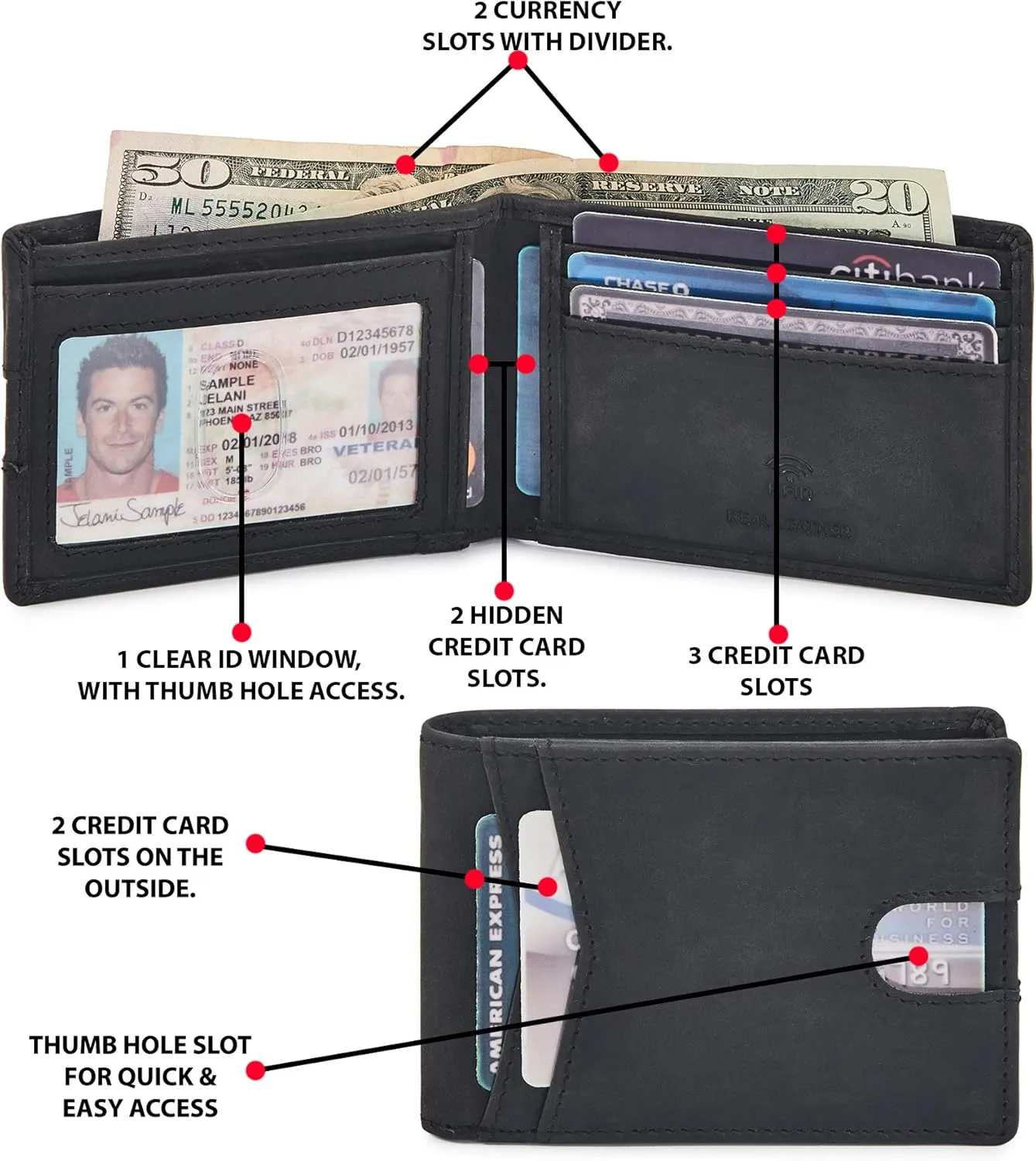 Wallet for Men Bifold Real Leather Slim RFID Blocking Front Pocket Minimalist Stylish Design with ID Window in Gift Box (Crazy Horse, Black)