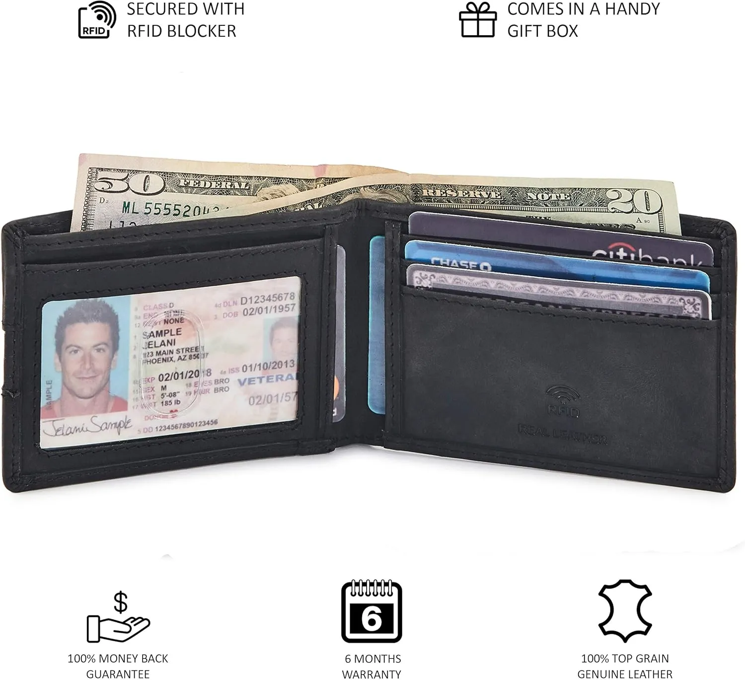 Wallet for Men Bifold Real Leather Slim RFID Blocking Front Pocket Minimalist Stylish Design with ID Window in Gift Box (Crazy Horse, Black)