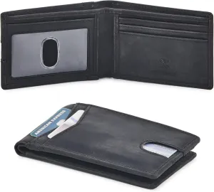 Wallet for Men Bifold Real Leather Slim RFID Blocking Front Pocket Minimalist Stylish Design with ID Window in Gift Box (Crazy Horse, Black)