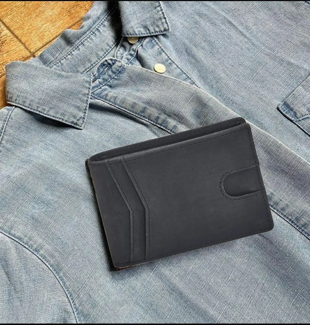 Wallet for Men Bifold Real Leather Slim RFID Blocking Front Pocket Minimalist Stylish Design with ID Window in Gift Box (Crazy Horse, Black)