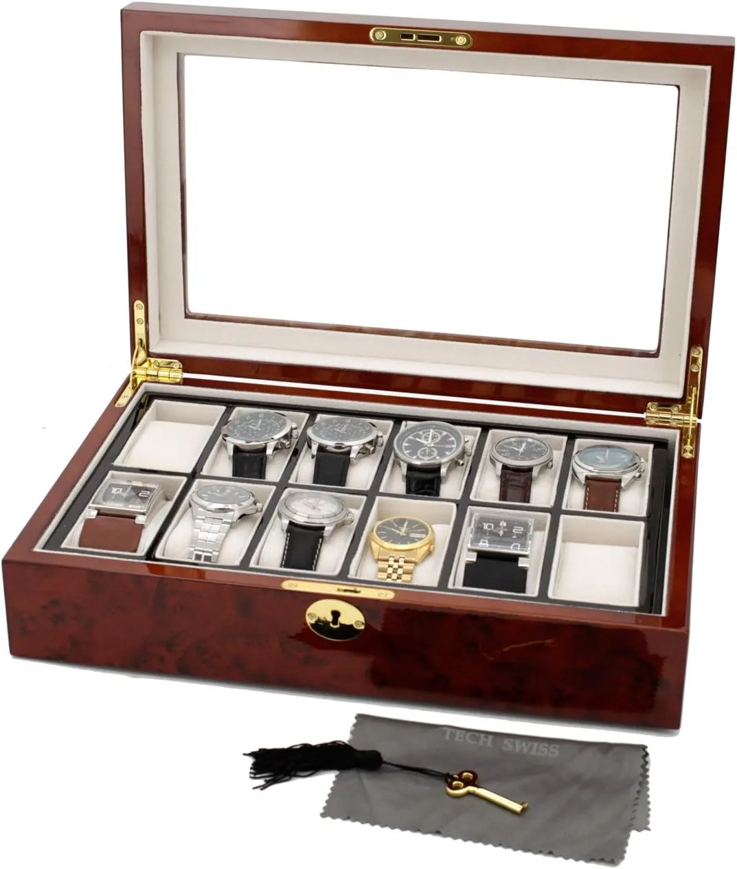Watch Box for 12 Watches Burlwood Finish Inlaid Edge Window Removable Tray With Key
