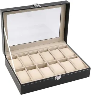 Watch Box Watch Box for Men - 12 Slot Luxury Watch Display Case, Large Holder, Metal Buckle - Black - PU Leather Watch Box Organizer Watch Case