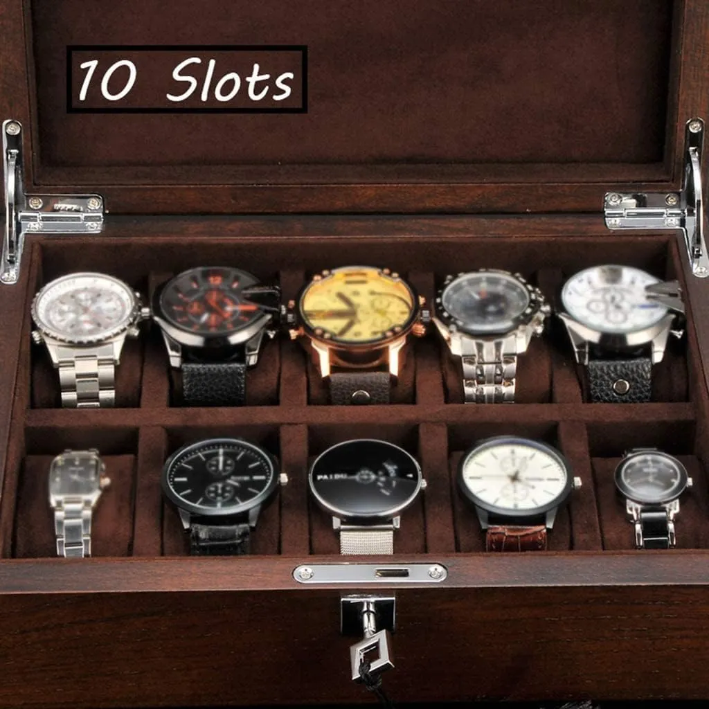 Watch Display Box Elm Wood Men's/Women's 10 Grid Jewelry Storage Box with Glass Lid Lockable Metal Lock, size