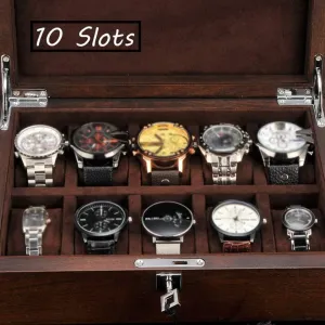 Watch Display Box Elm Wood Men's/Women's 10 Grid Jewelry Storage Box with Glass Lid Lockable Metal Lock, size