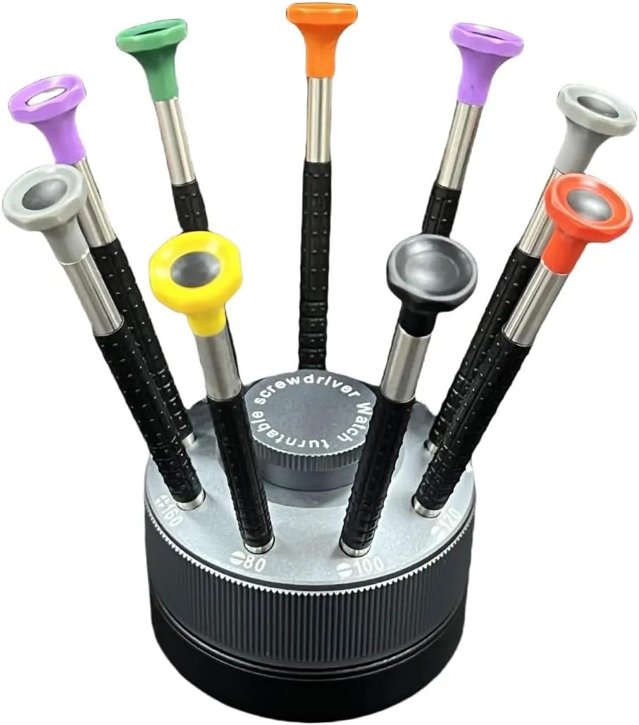 Watch Screwdriver Set with Rotating Base, 9pcs Different Sizes Precision Screwdrivers Tool with 9 Replace Blades for Watch/Eyeglass/Jewelry and Other Home Repairing
