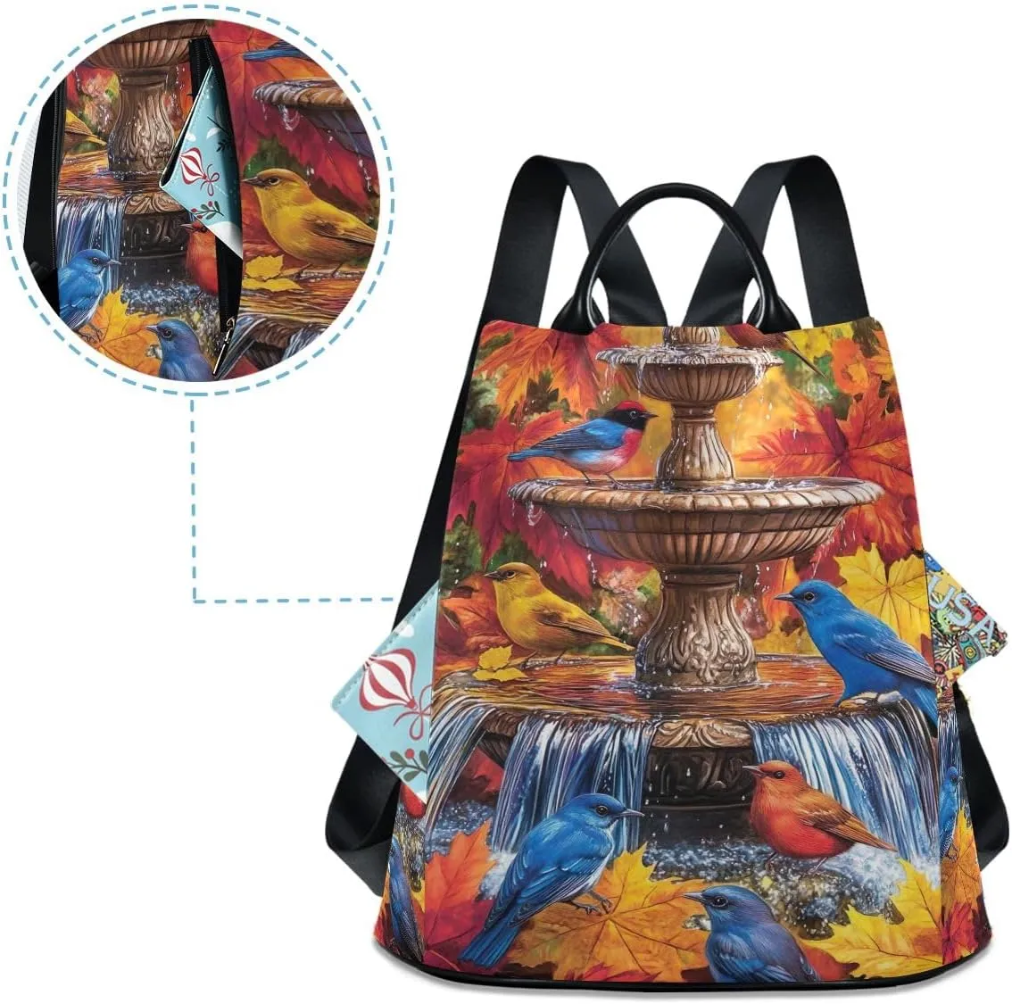 Water Fountain Colorful Birds Women Backpack Purse Anti Theft Design Travel Hiking Camping Rucksack Pack
