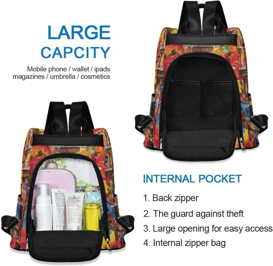 Water Fountain Colorful Birds Women Backpack Purse Anti Theft Design Travel Hiking Camping Rucksack Pack