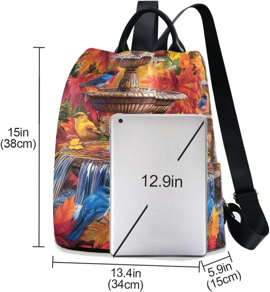 Water Fountain Colorful Birds Women Backpack Purse Anti Theft Design Travel Hiking Camping Rucksack Pack