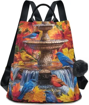 Water Fountain Colorful Birds Women Backpack Purse Anti Theft Design Travel Hiking Camping Rucksack Pack