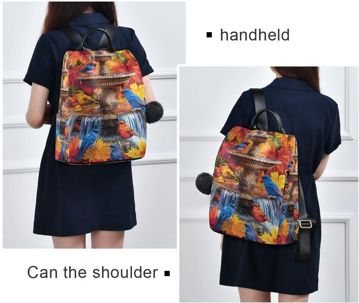 Water Fountain Colorful Birds Women Backpack Purse Anti Theft Design Travel Hiking Camping Rucksack Pack