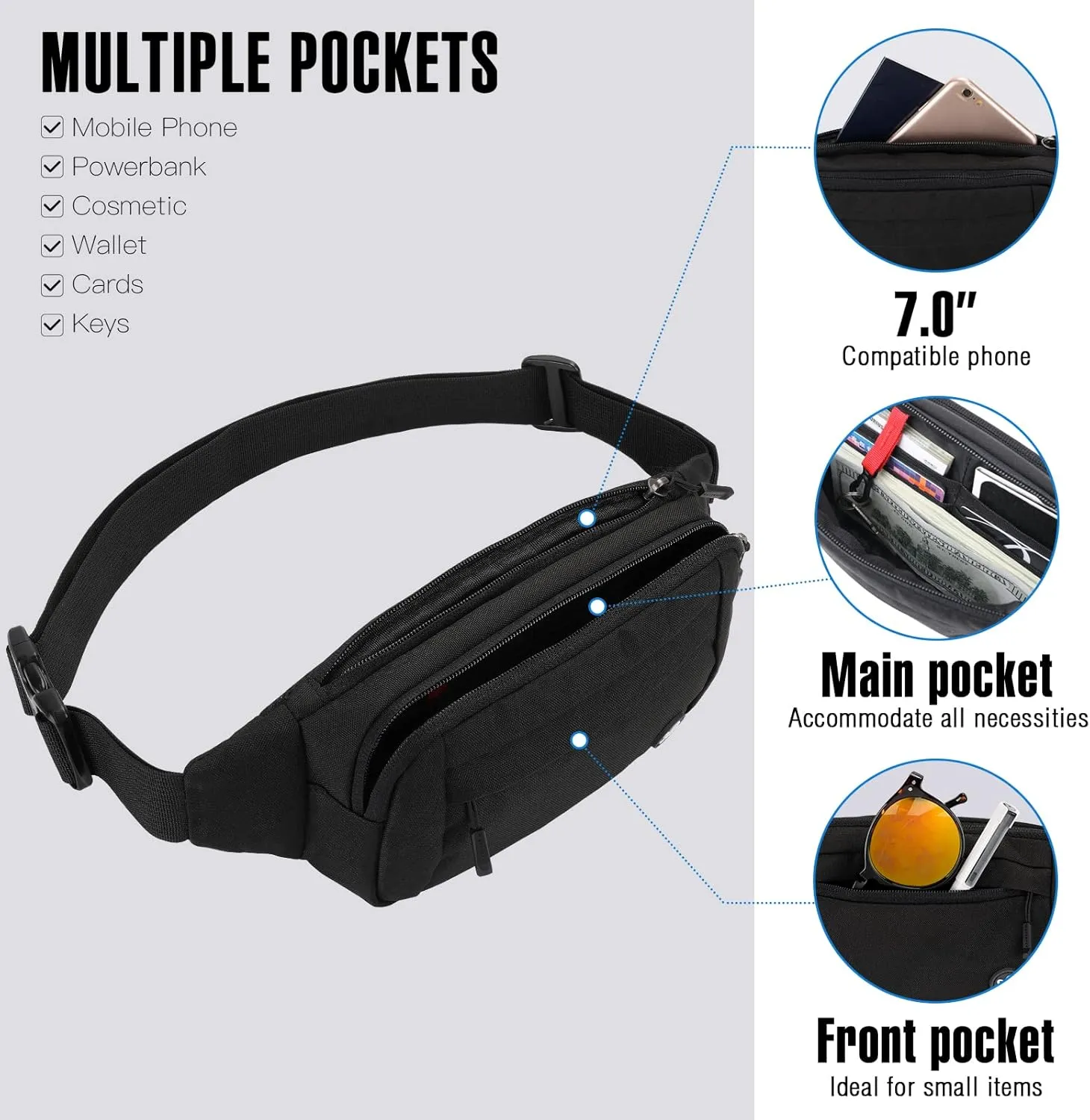 WATERFLY Fanny Pack Waist Bag: Small Hip Pouch Bum Bag Fannie Pack Phanny Fannypack Waistpack Bumbag Beltbag Sport Slim Fashionable for Jogging Hiking Hiker Woman Man