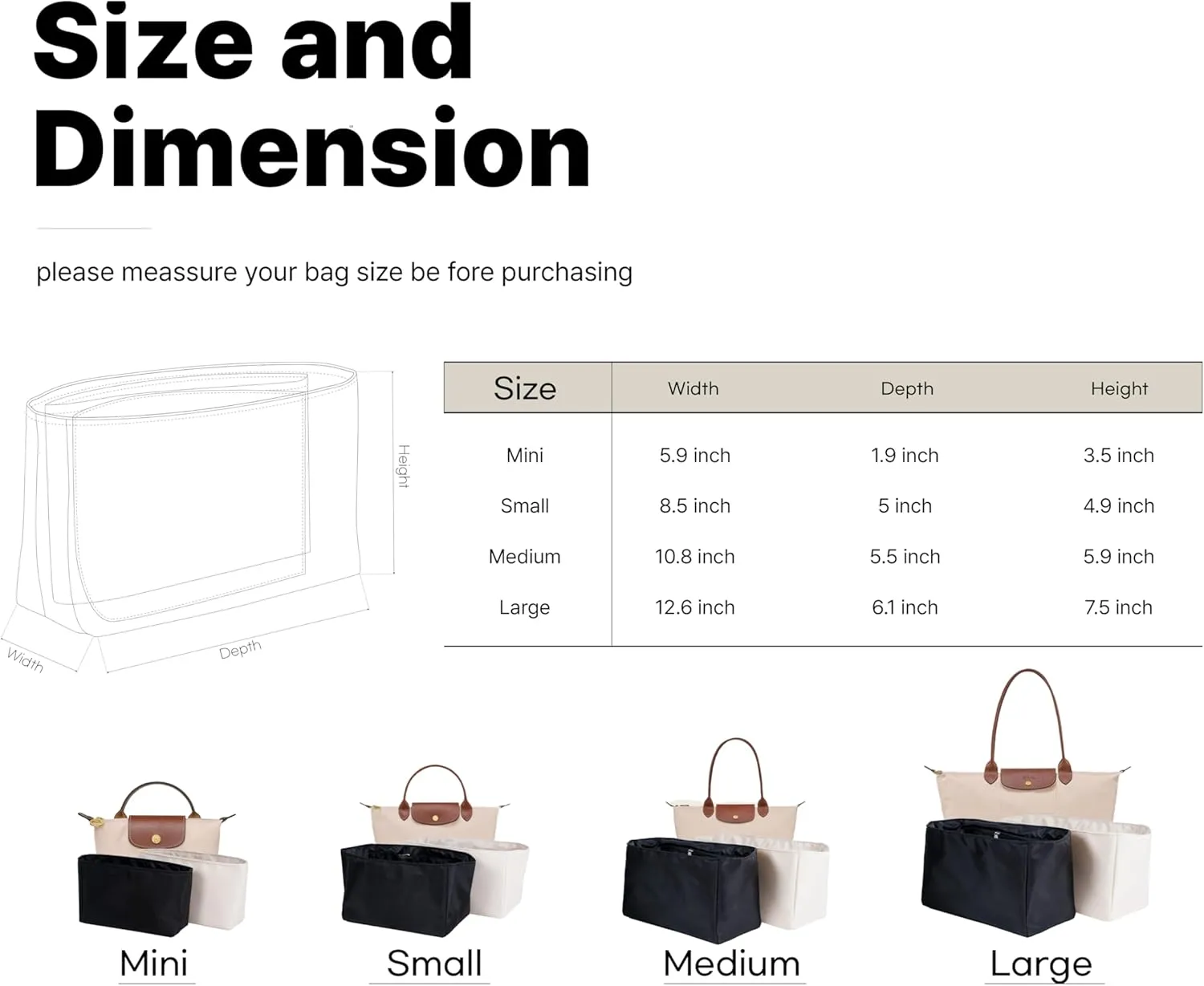 Waterproof Premium Nylon Purse Organizer Insert for Longchamp Le Pliage Handbags (Black, Large)