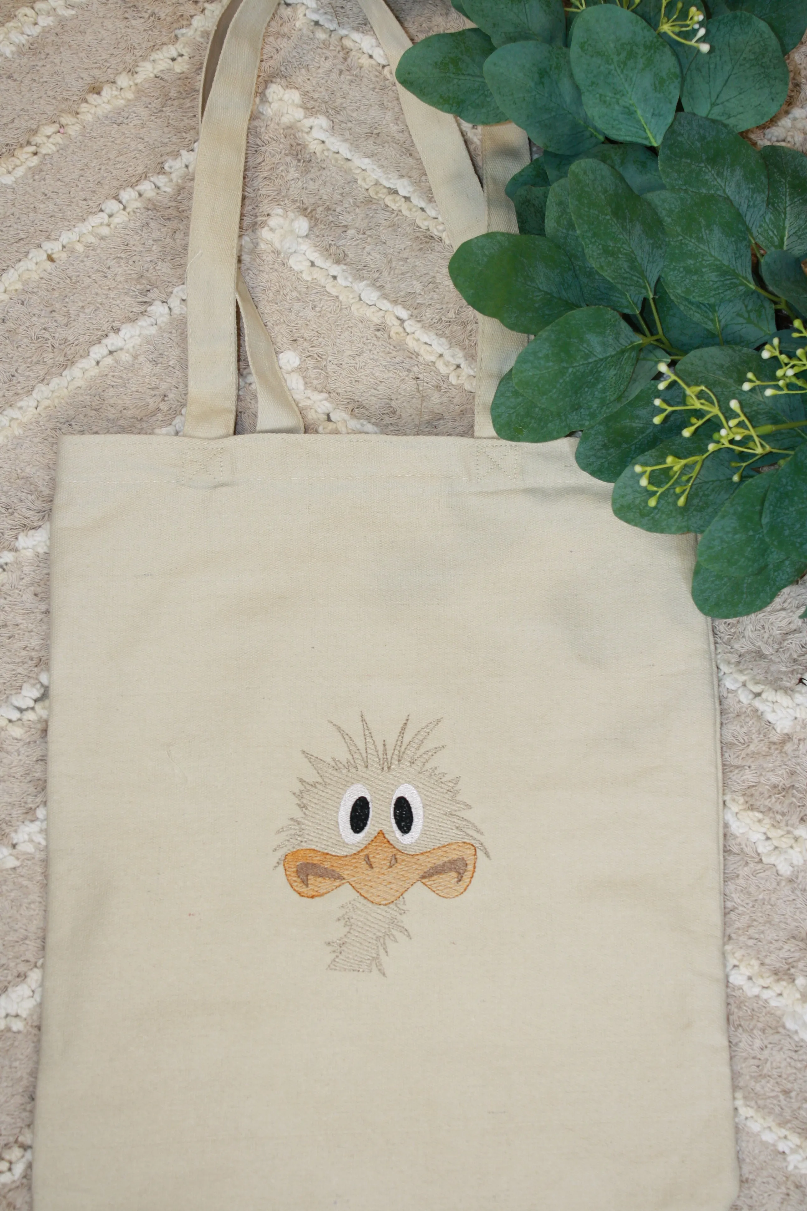 Weary Ostrich Embroidered Canvas Tote – Eco-Friendly & Stylish