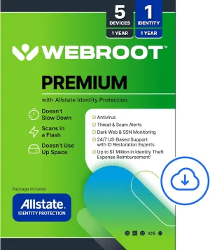Webroot Premium 2025 with Allstate Identity Protection | 5 Device, 1 Year | Antivirus and Internet Security Software, Advanced Dark Web Monitoring, Password Manager | NEW [Online Code]